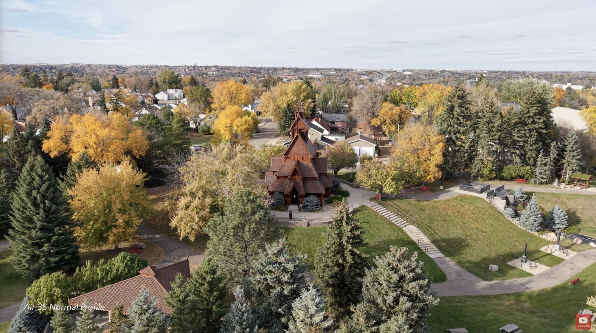 Aerial view of the Gol Stav Church replica at Scandinavian Heritage Park.