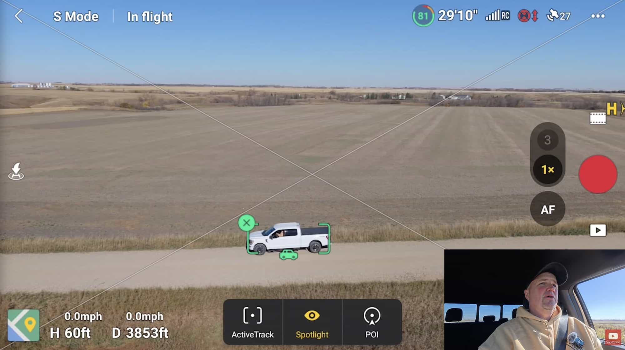Air 3S following the truck from behind at about 30 miles per hour (48 km/h).
