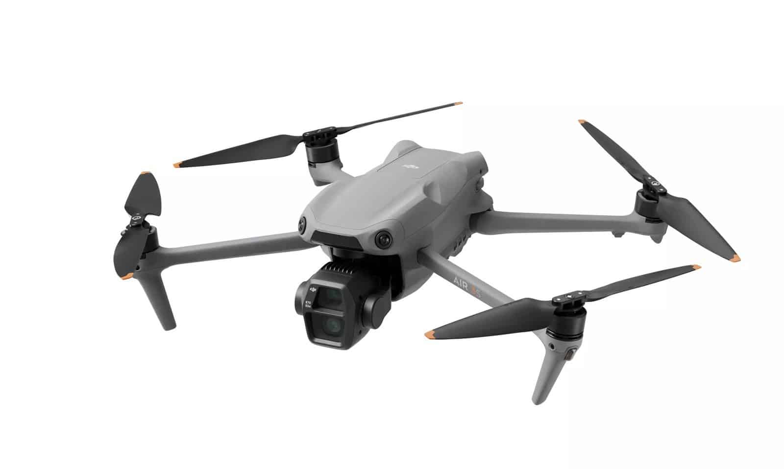 Front-left studio view on white, the dual gimbal camera pointing forward.