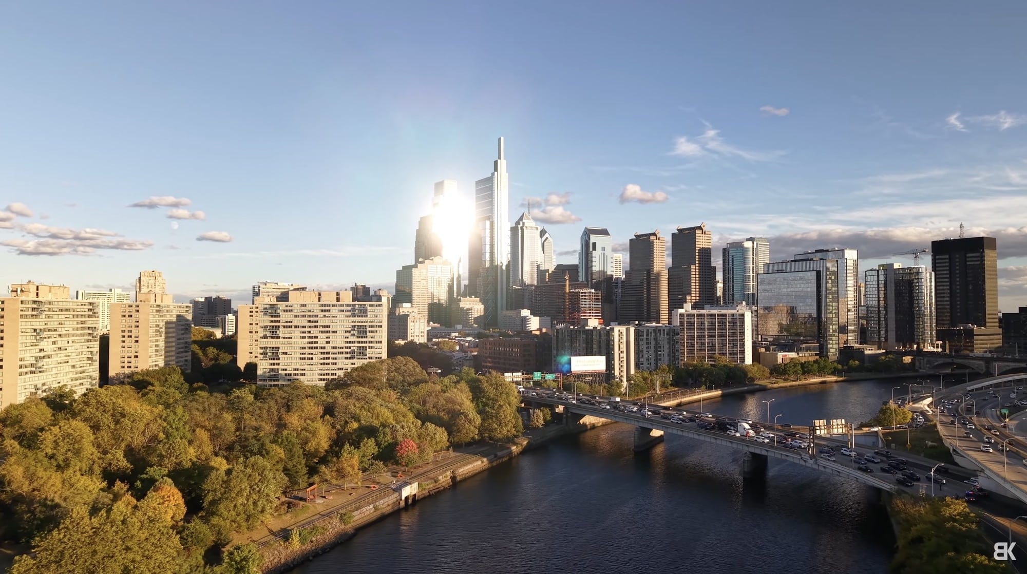 Aerial view of the Philadelphia skyline captured with the Air 3S late in the day.