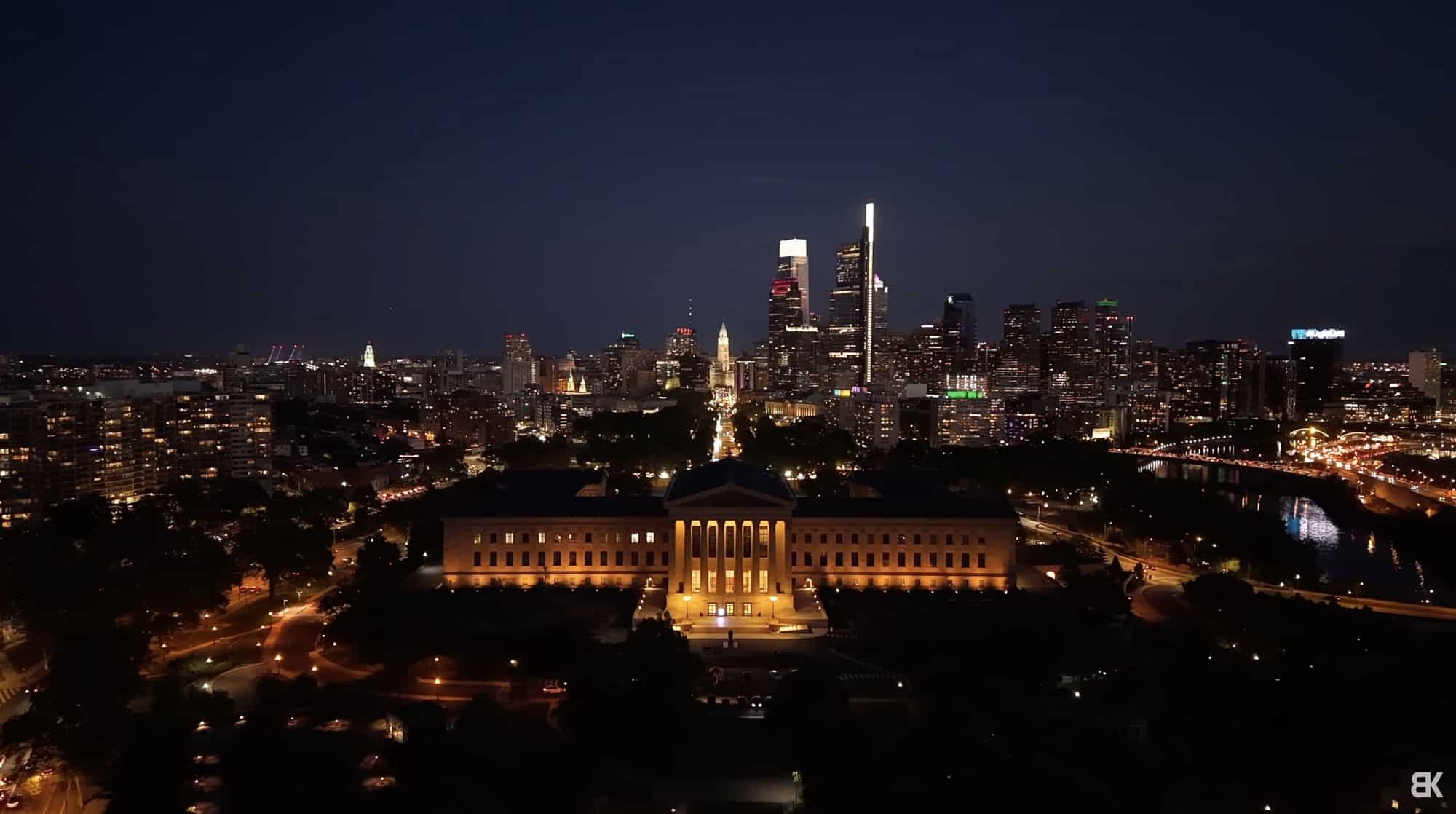 A night skyline frame from the Air 3S showing its low-light image processing.