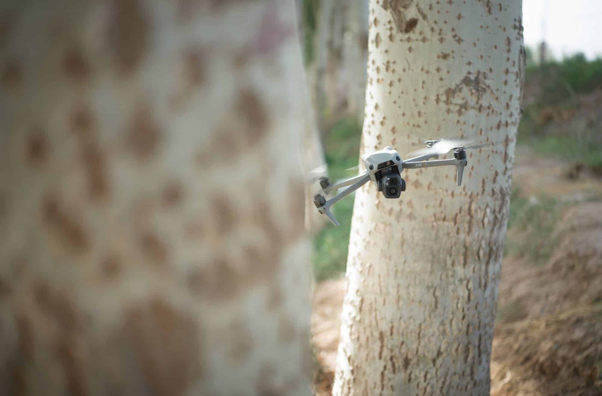 Air 3S threads past a mottled tree trunk with no propeller guards fitted.