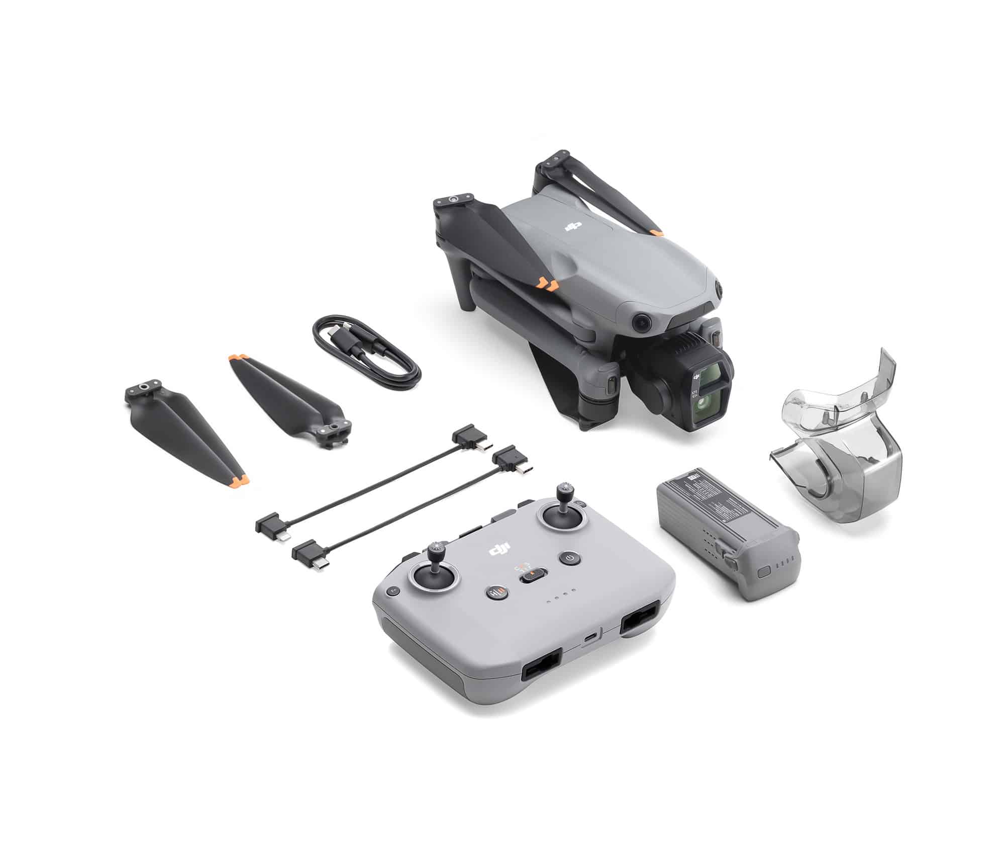 Starter kit with the folded drone, one battery, propellers and the RC-N3 controller.