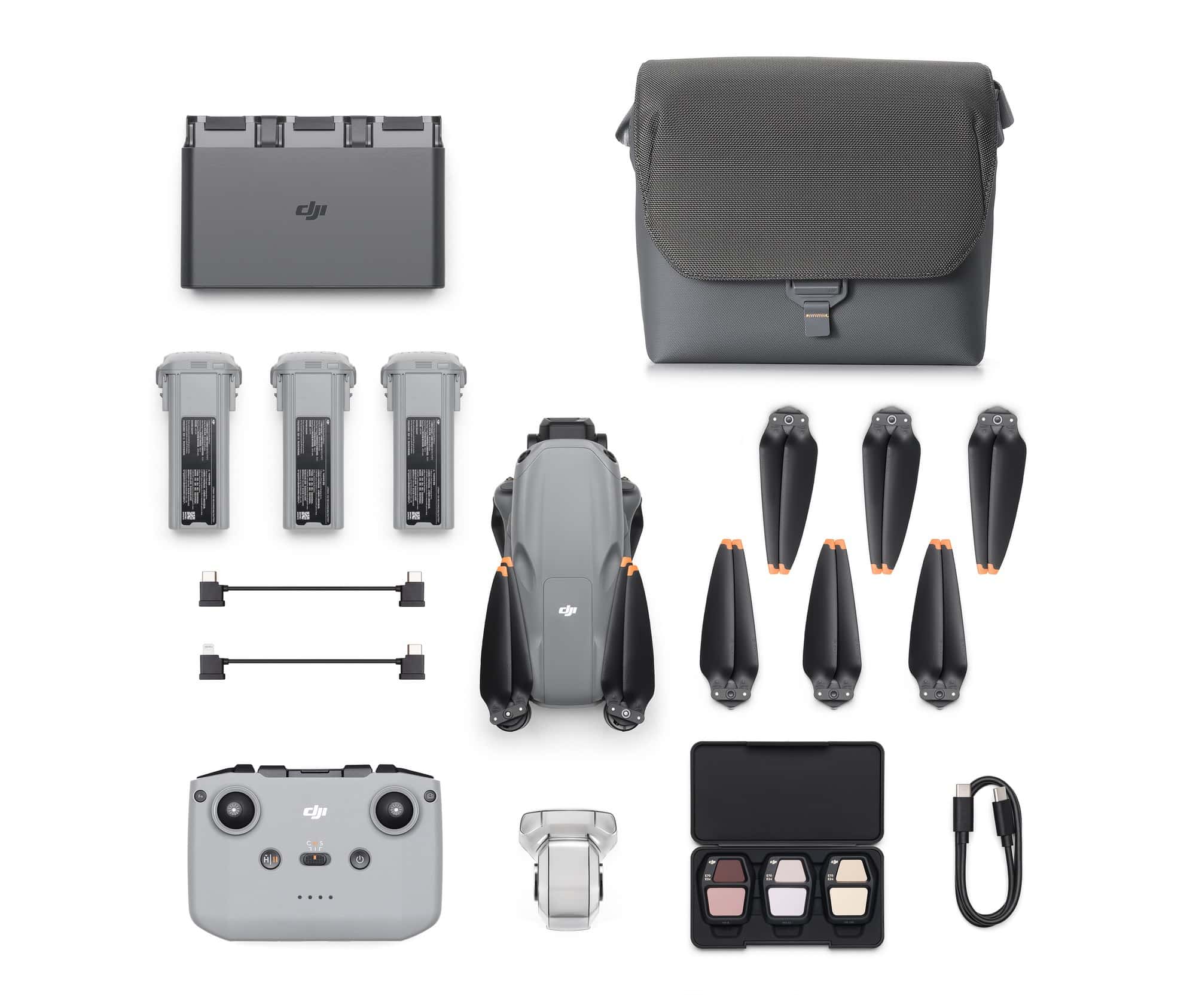 DJI Air 3S drone with 1-inch CMOS primary and 70mm tele cameras.