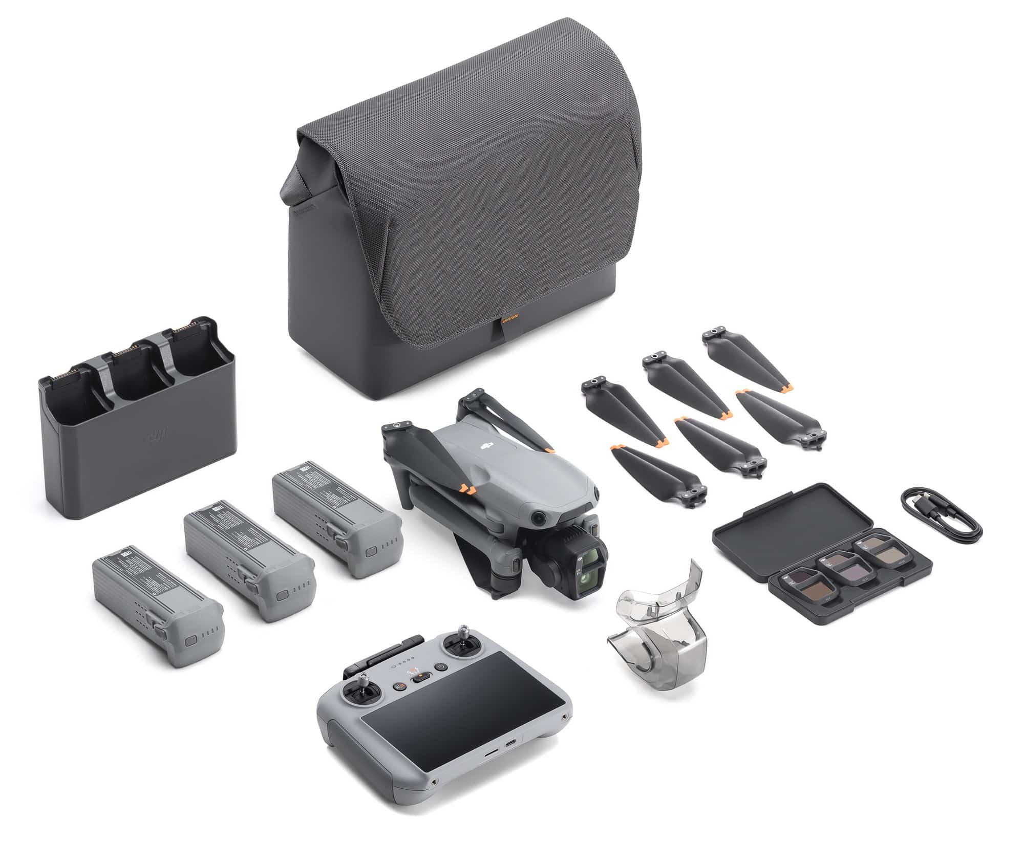 Combo layout with shoulder bag, three spare batteries and the RC 2 controller.