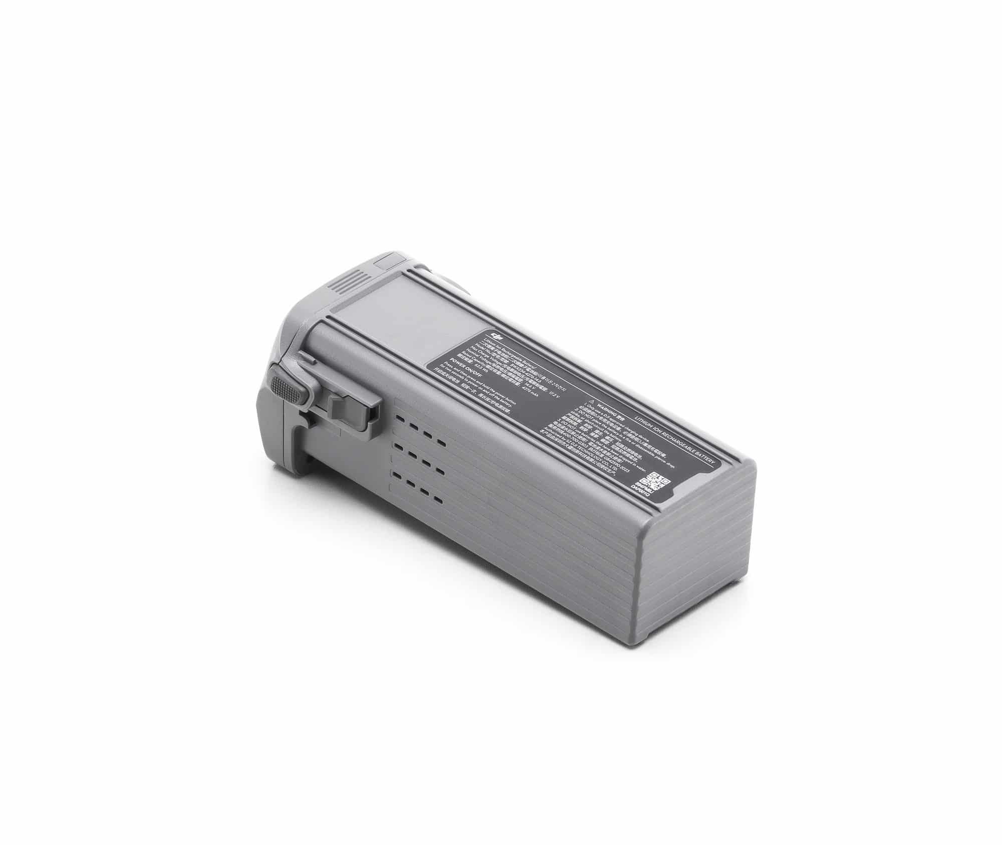 Intelligent Flight Battery lying on its side with the specification label facing up.