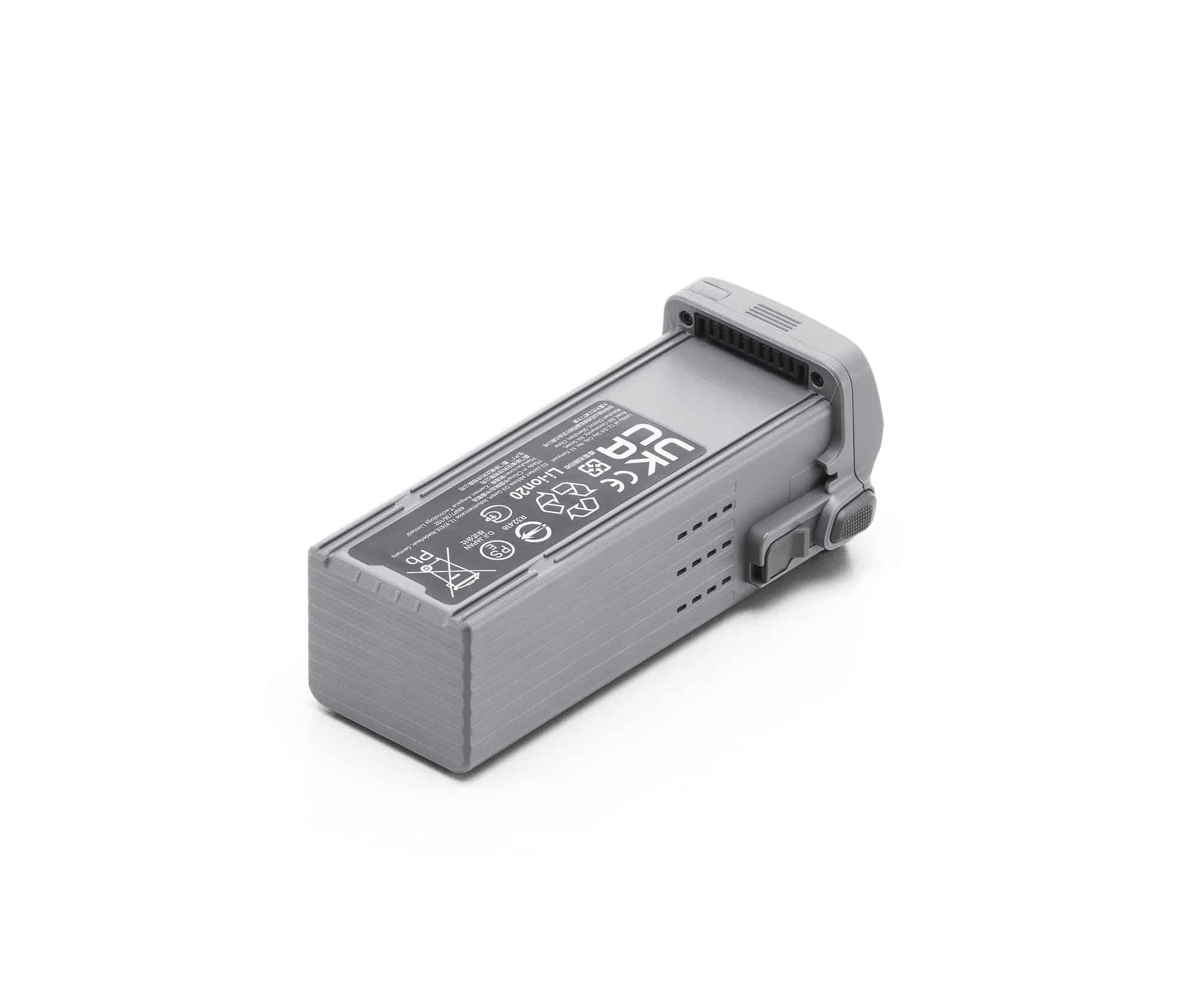 Flight battery angled to show the UKCA and CE markings on its top face.