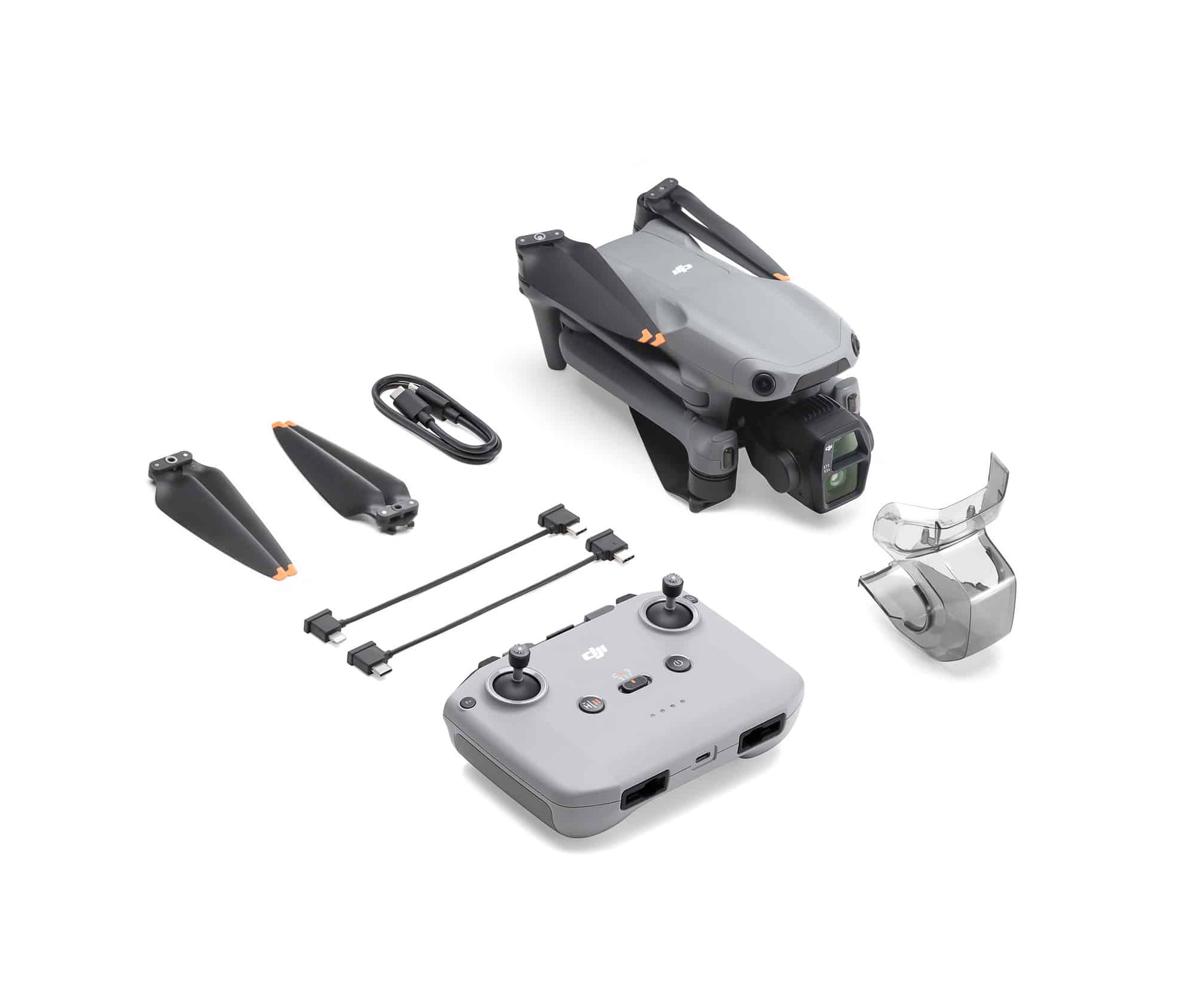 Starter kit with the folded drone, propellers, cables and the RC-N3, no spare battery.