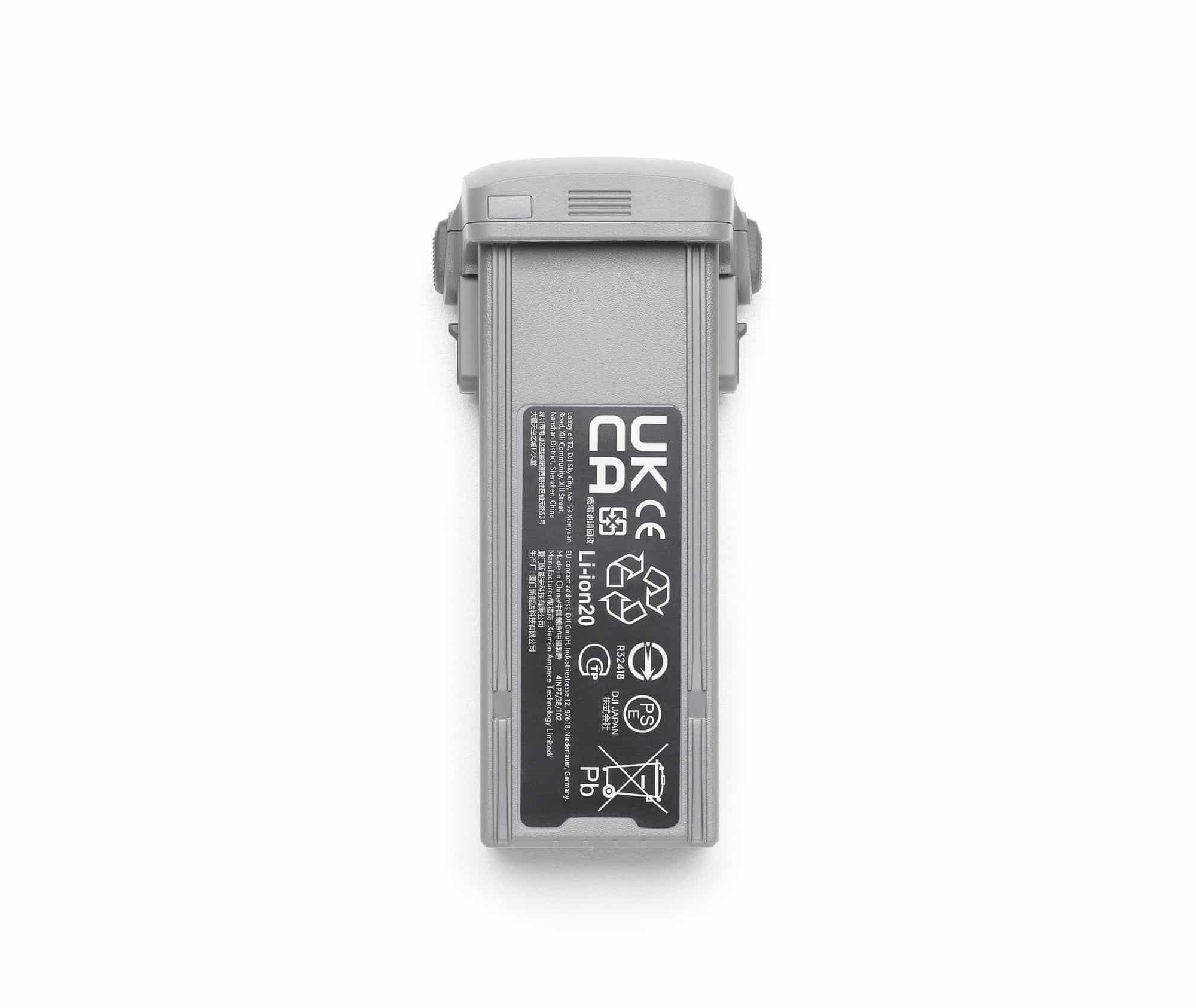 Flat view of a flight battery showing UKCA marking and lithium recycling symbols.
