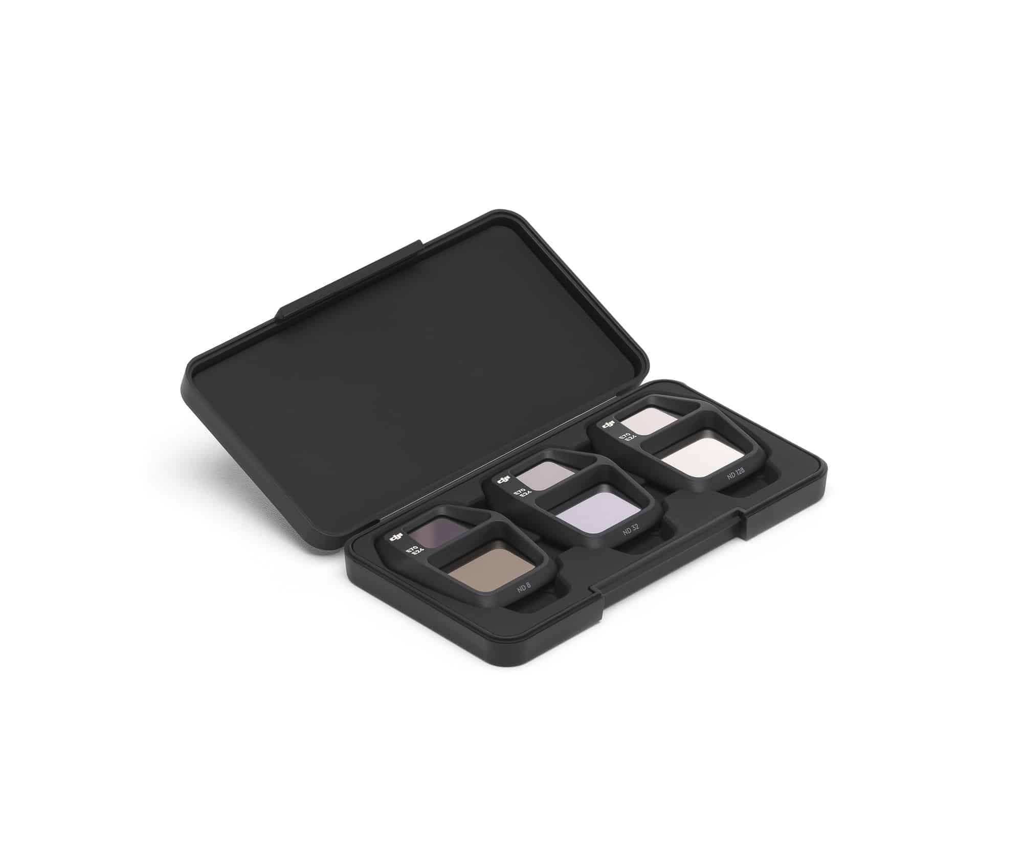 Filter case opened at an angle with three ND filters seated in the tray.