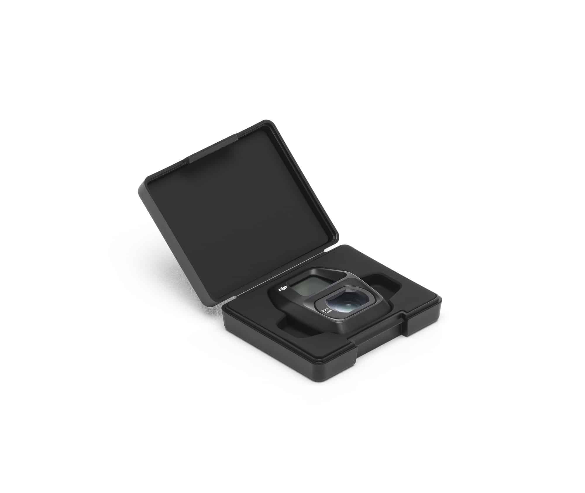 Single wide-angle lens seated inside its open square carrying case.