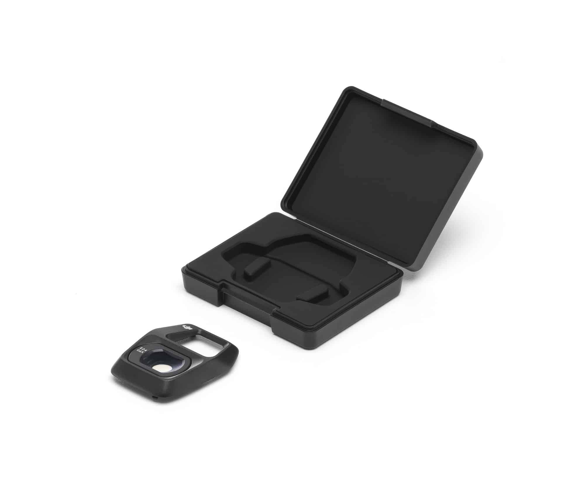 Wide-angle lens lying beside its open, empty square carrying case.
