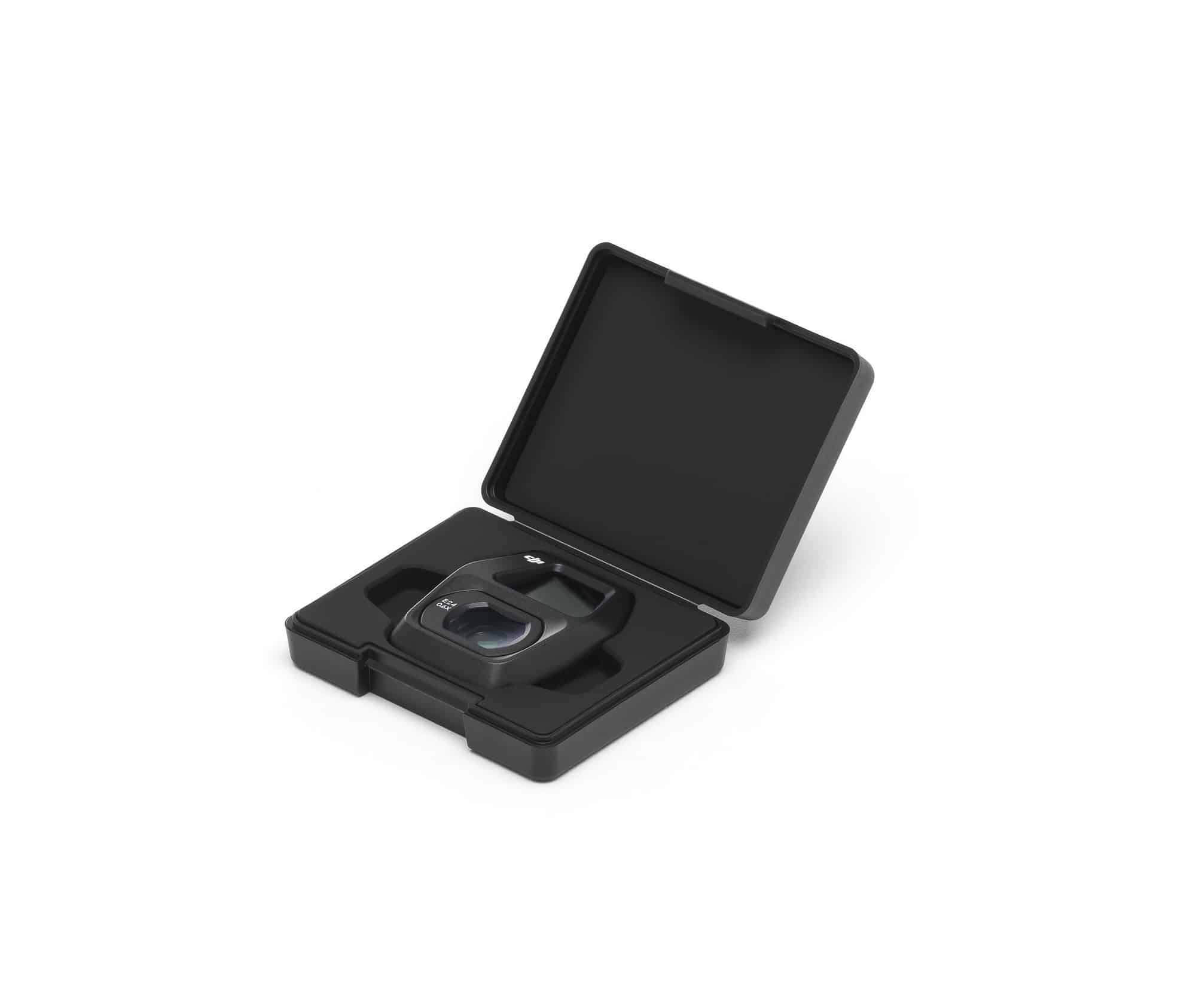 Open square case cradling a wide-angle lens, viewed from the front.