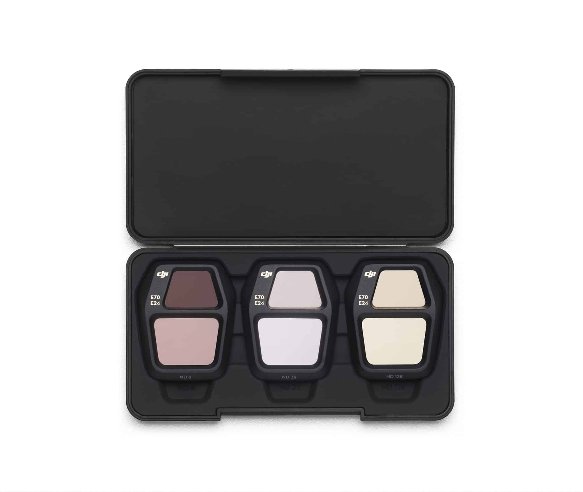 Filter case opened flat with ND8, ND32 and ND128 filters in their slots.