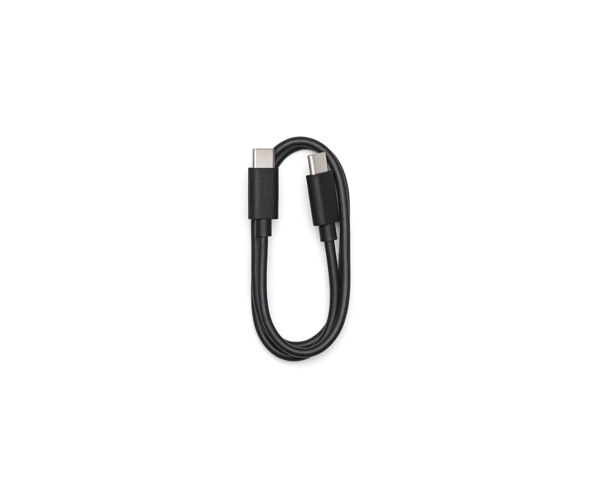 Black USB-C to USB-C charging cable coiled on a white backdrop.