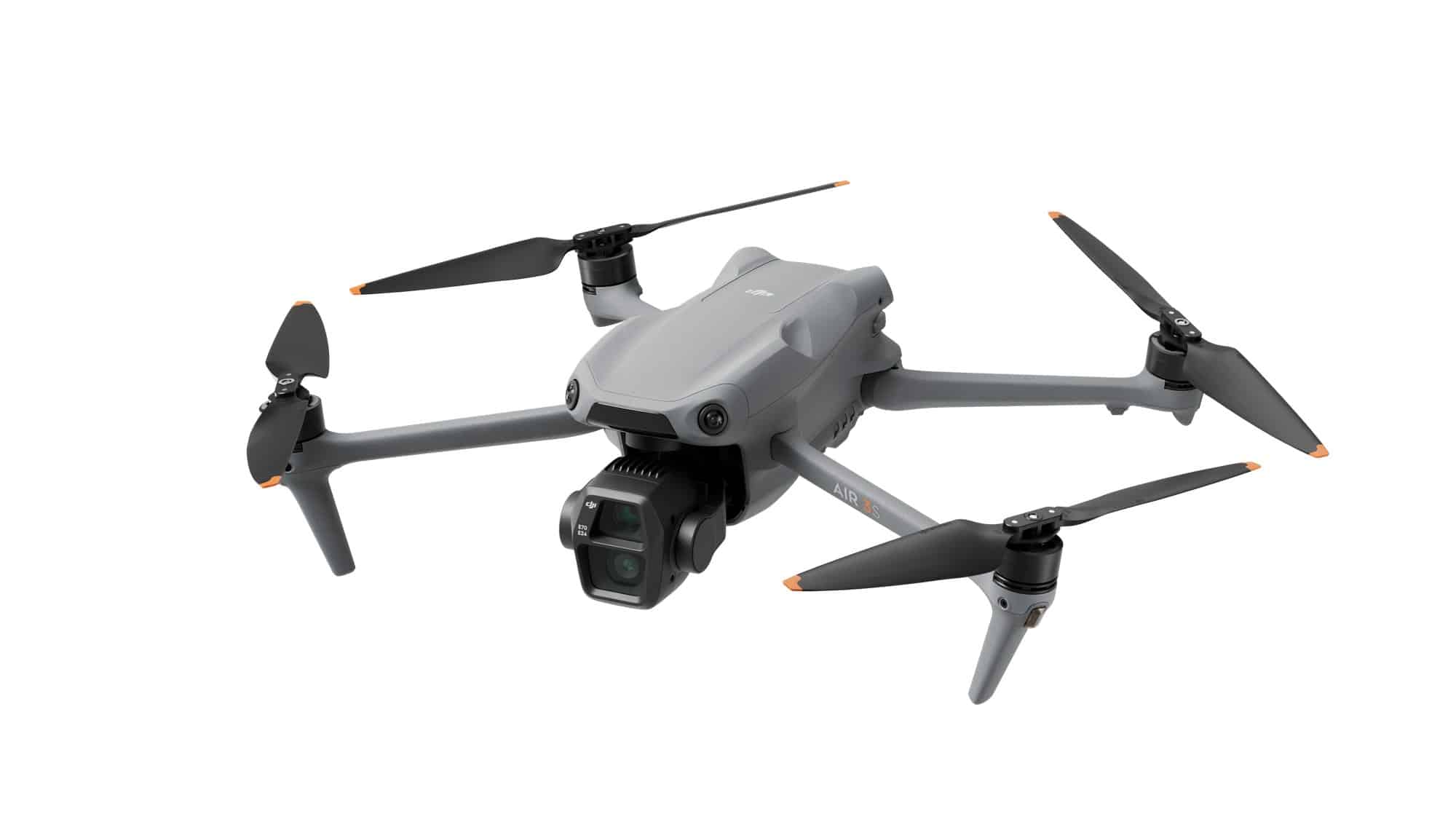 Studio three-quarter of the Air 3S with propeller blades crossed over the body.