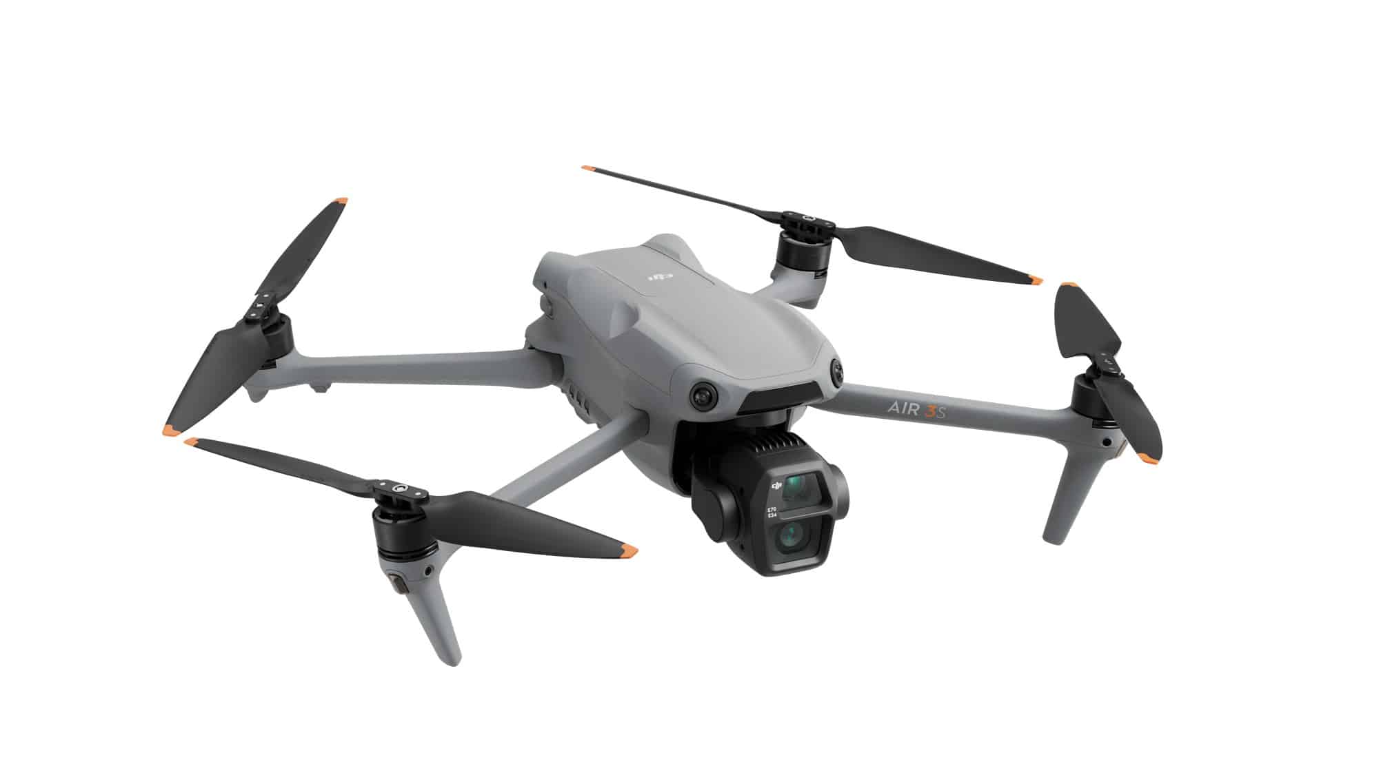 Studio view of the Air 3S angled toward the camera with propellers extended.