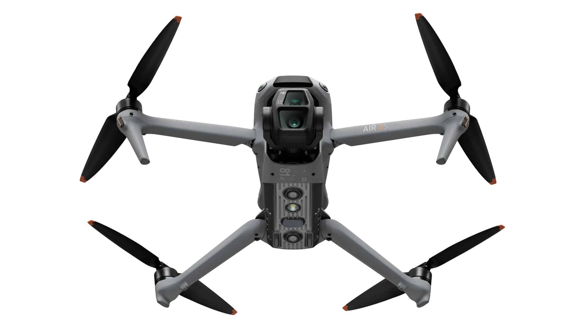 Head-on studio view of the Air 3S with both gimbal cameras facing forward.