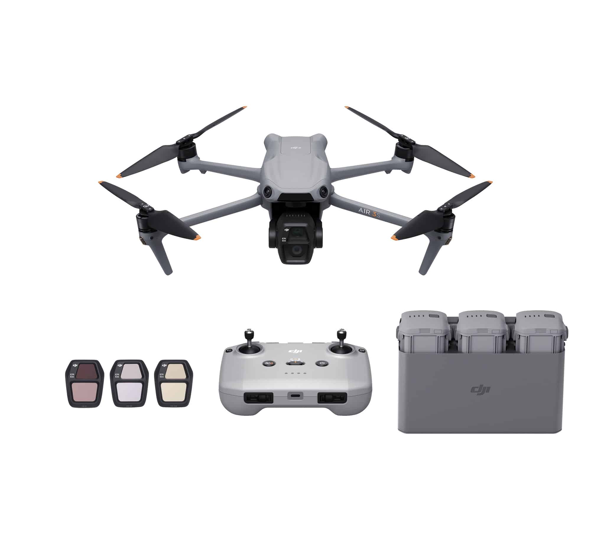 Fly More kit with RC-N3 controller, three ND filters and a loaded charging hub.
