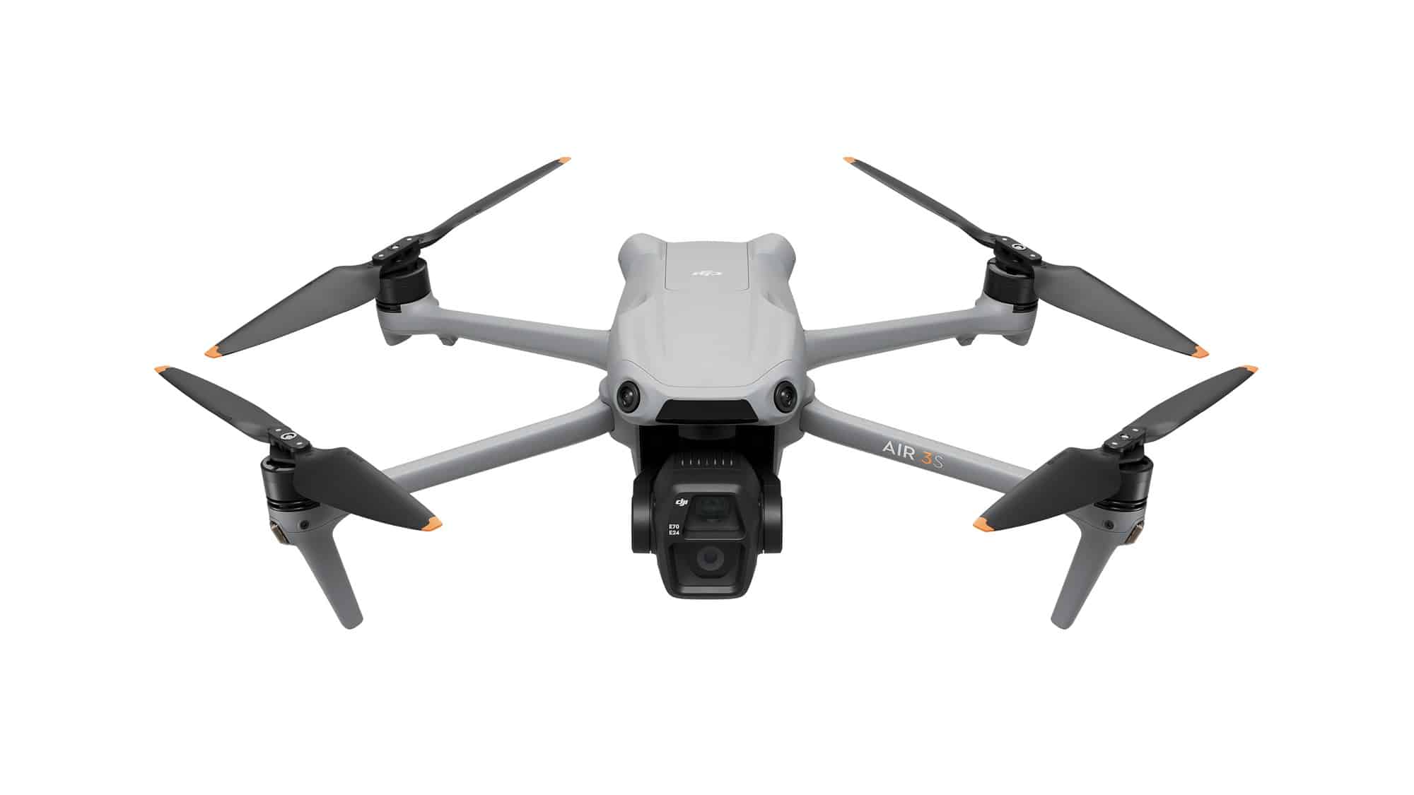 Front-facing studio view of the Air 3S with its landing legs extended.