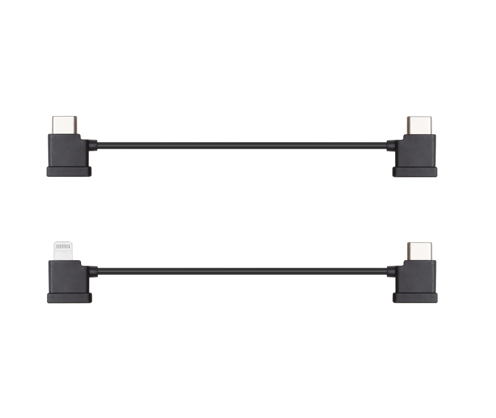 Two right-angle RC cables with USB-C and Lightning connectors on a white backdrop.