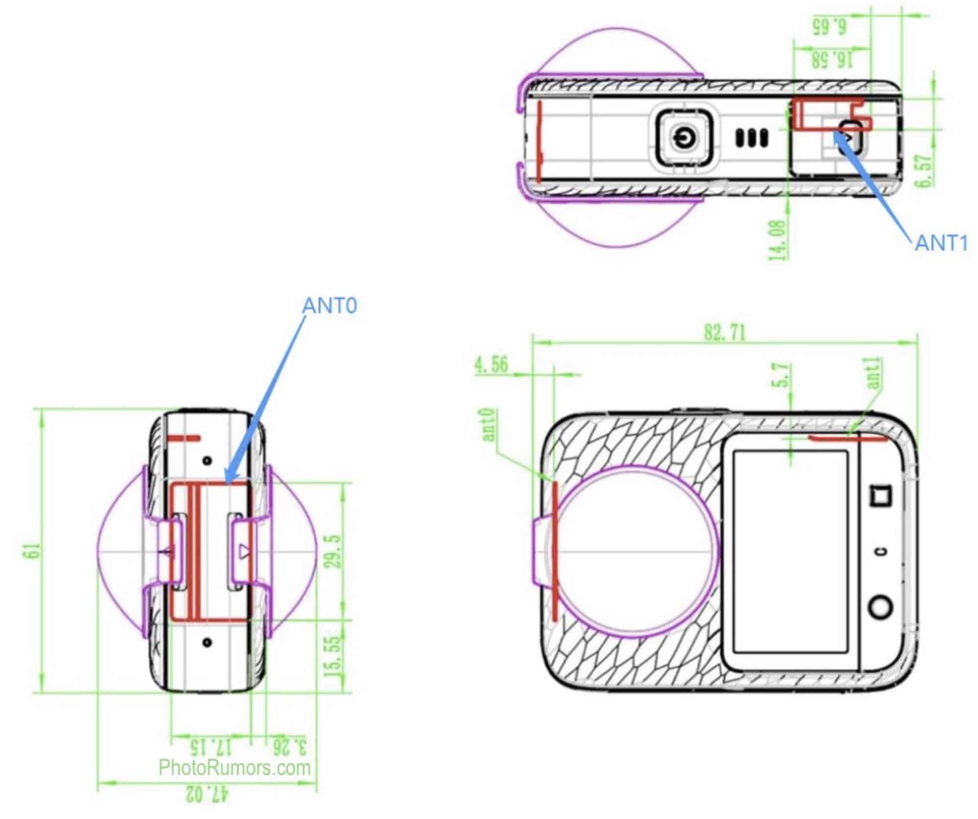 FCC technical drawings of the Osmo 360 showing dimensions and antenna placement.