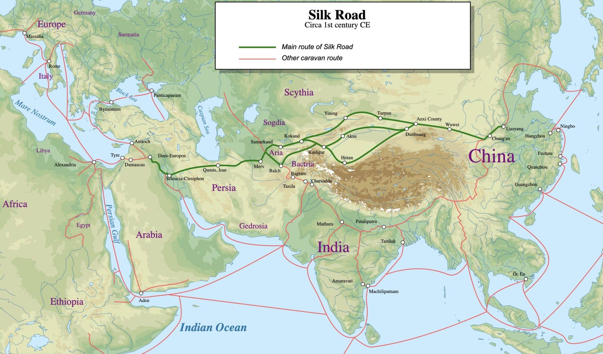 Map of Silk Road trade routes across Central Asia, courtesy of Wikipedia.