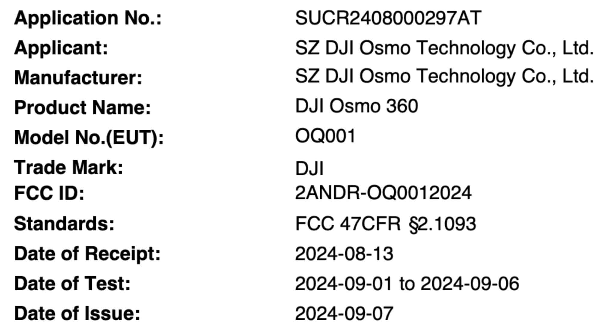 FCC application record naming SZ DJI Osmo Technology as the Osmo 360 applicant.