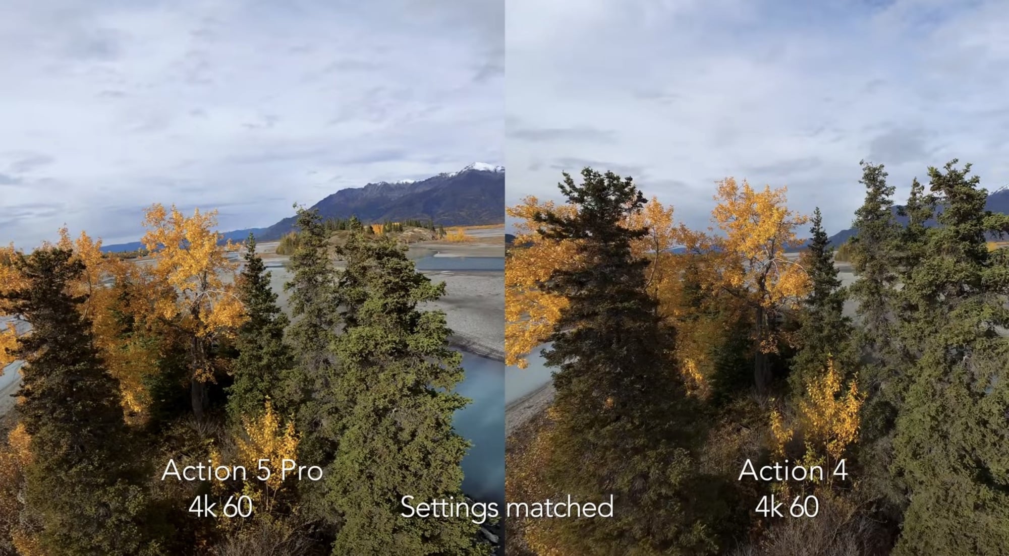 Side-by-side 4K frames comparing DJI Action 5 Pro and Action 4 with matched settings.