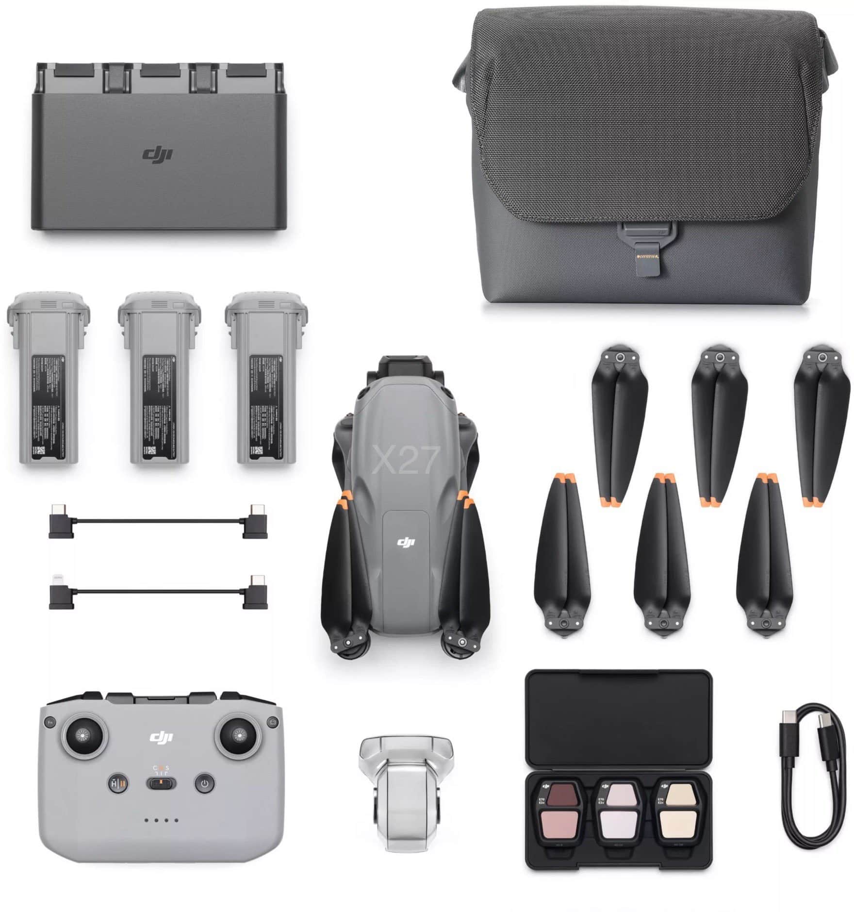 Fly More Combo layout with charging hub, bag, three batteries and the screenless RC-N3.