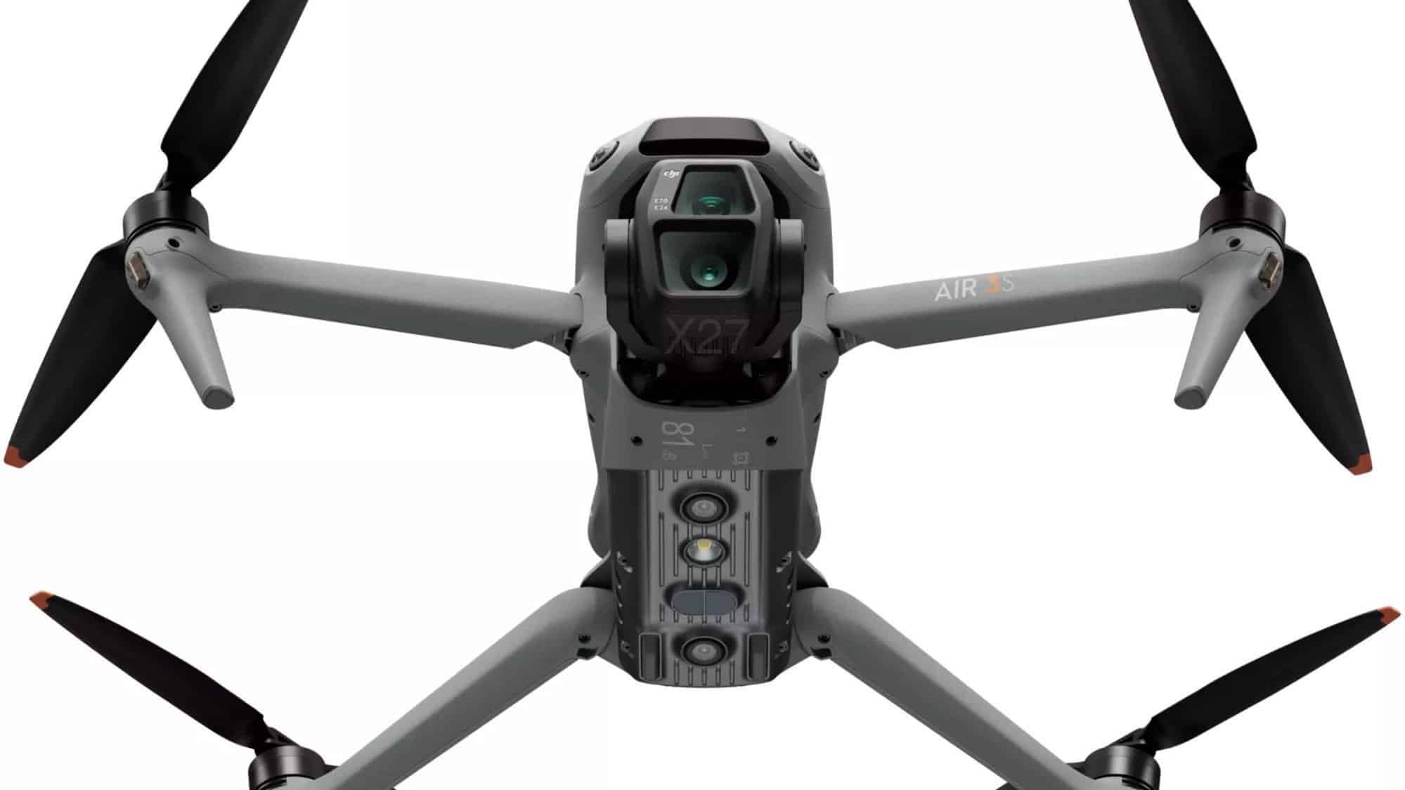 Front view of the unfolded Air 3S showing the dual camera and sensor bar.