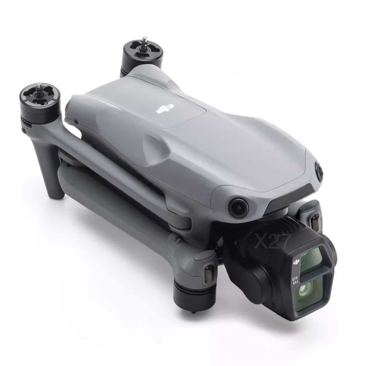 Angled view of the drone with its twin-lens gimbal tilted forward.