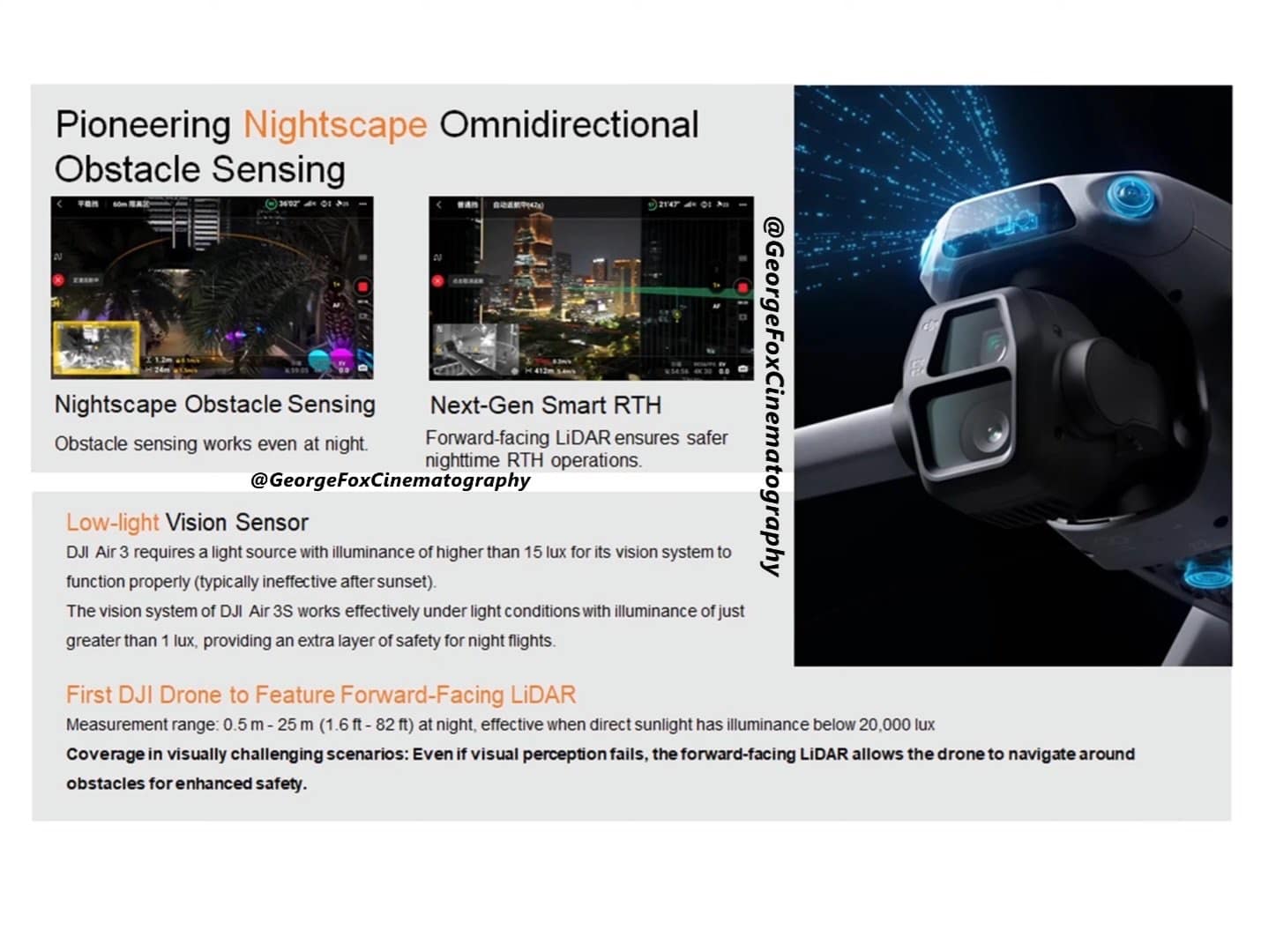 Leaked dealer training slide detailing the Air 3S forward LiDAR range at night.