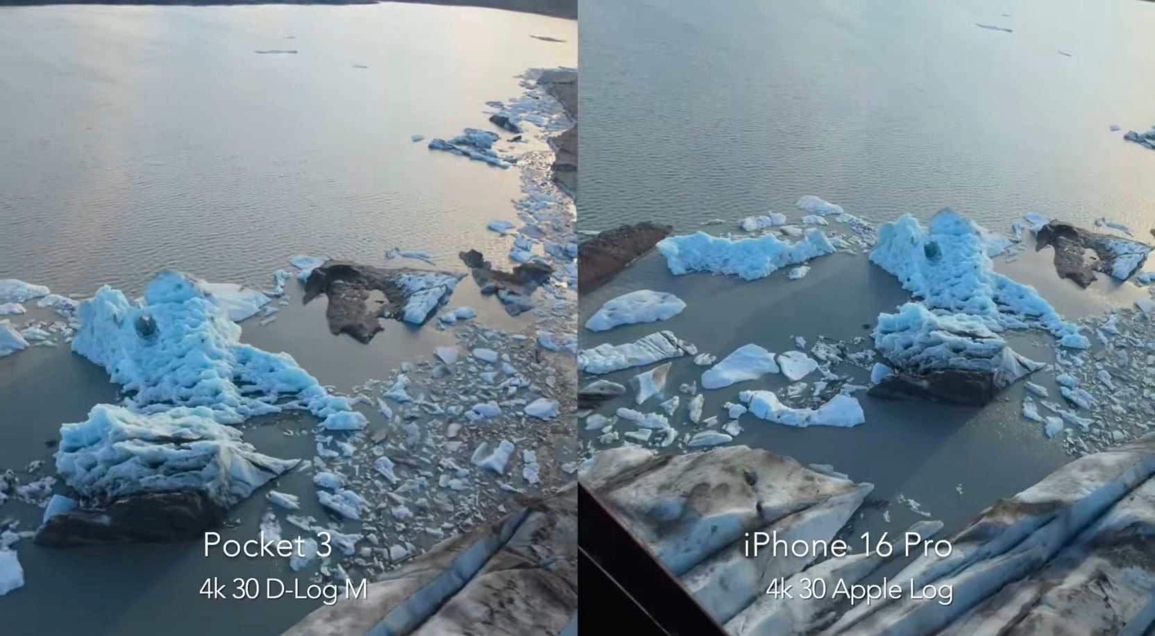 Split-screen comparing DJI Pocket 3 and iPhone 16 Pro log footage over a glacial lagoon.