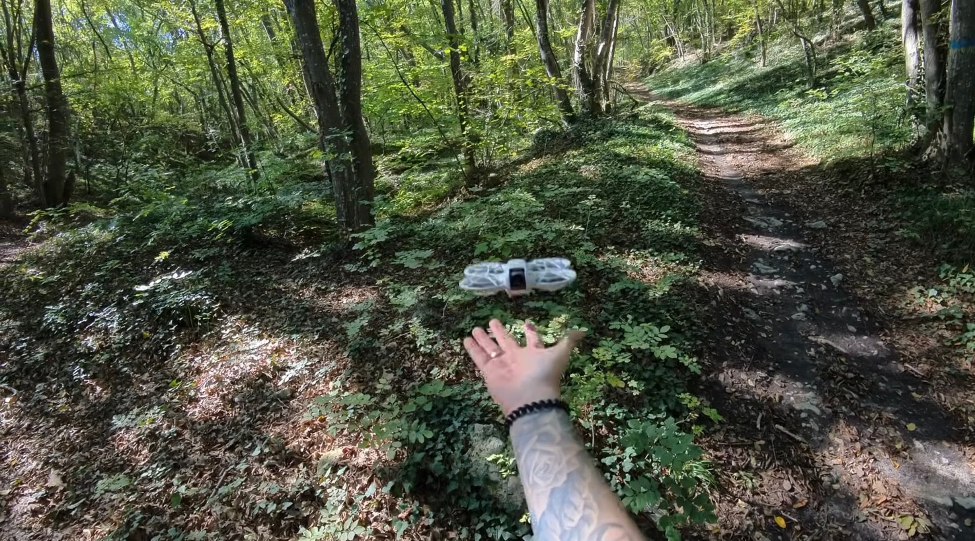 The same trail filmed by the DJI Neo, sharper but noticeably over-sharpened.