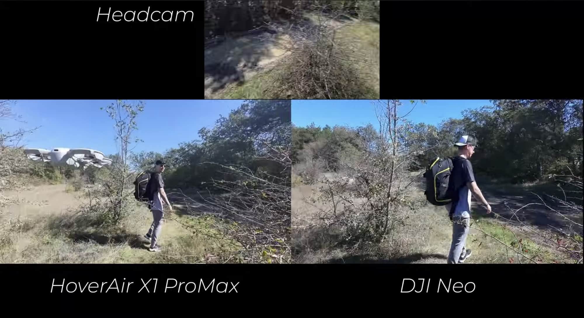 Both pocket drones tracking the reviewer at once along a wide, muddy trail.