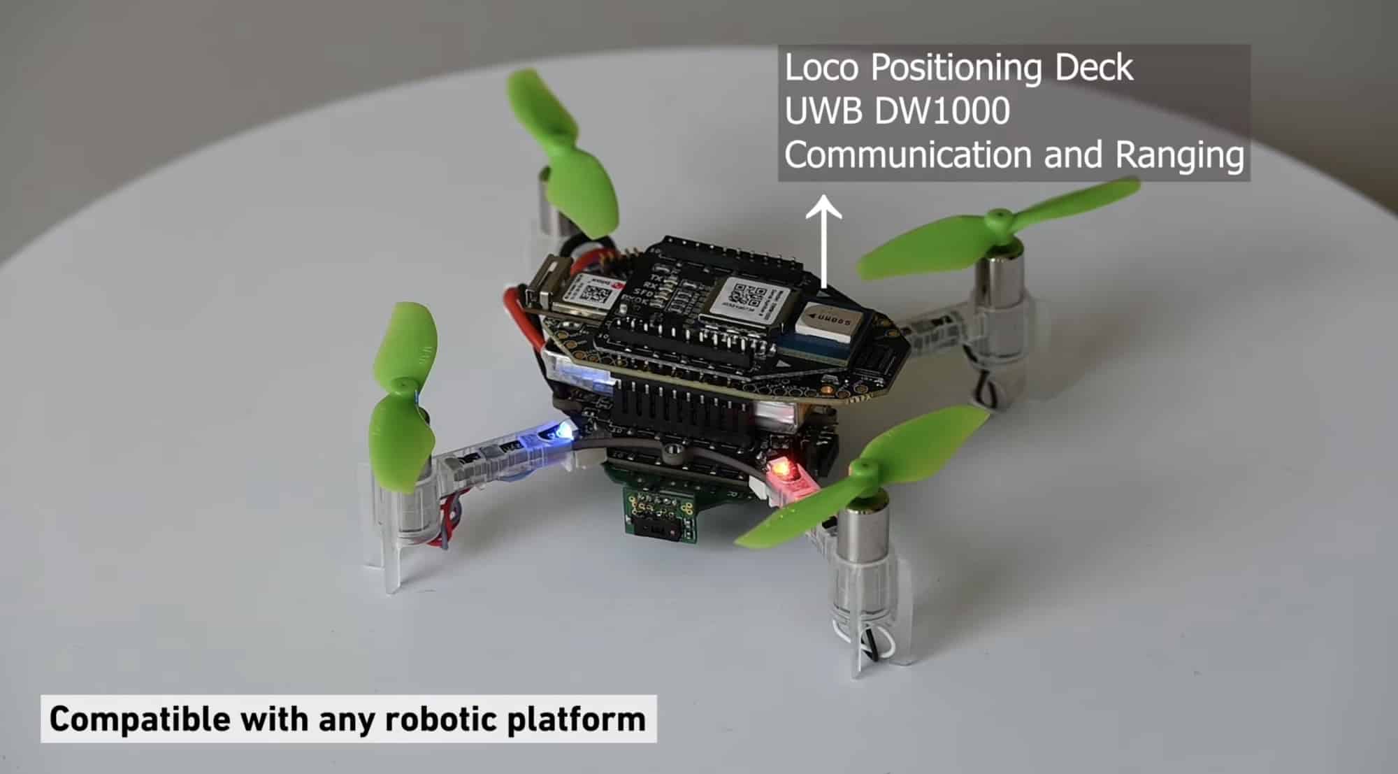 Crazyflie nano quadcopter labeled with its ultra-wideband Loco Positioning Deck.
