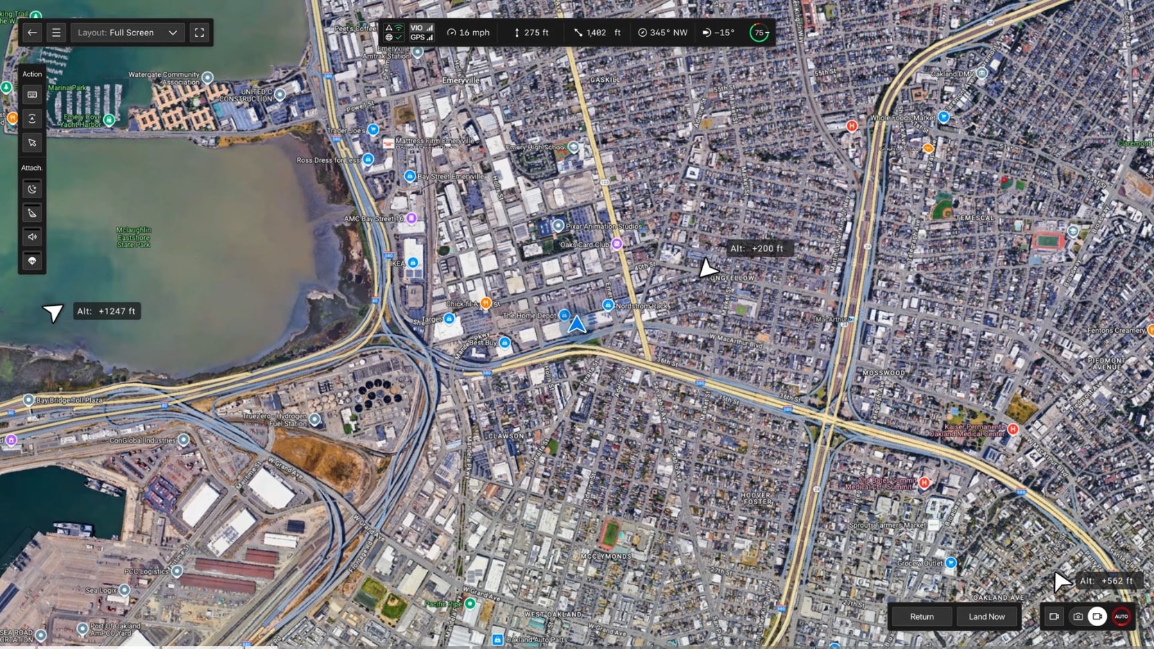 Skydio Remote Flight Deck satellite map with aircraft markers over a waterfront city.