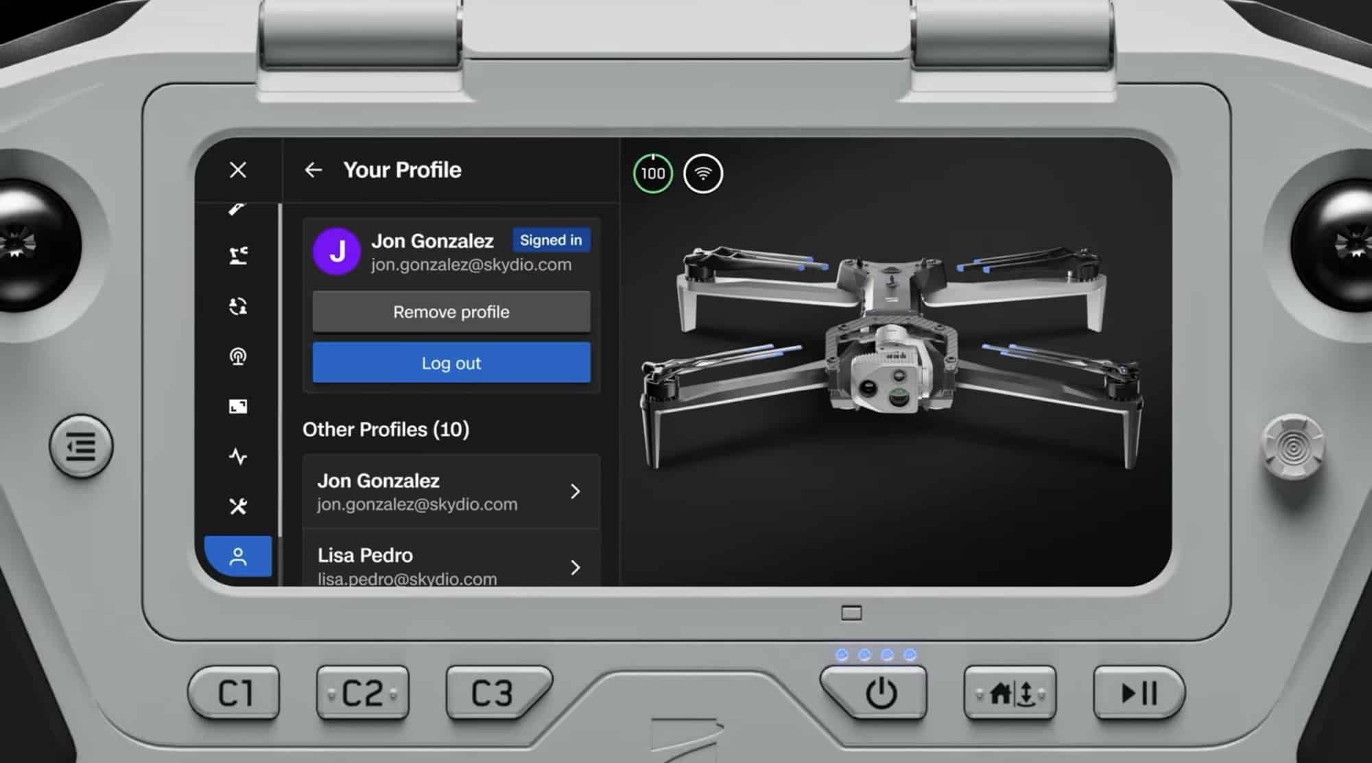 Skydio controller screen showing user profile switching next to an X10 render.