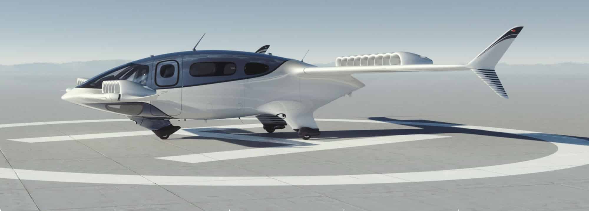 Render of the Lilium electric jet parked on a circular landing pad.