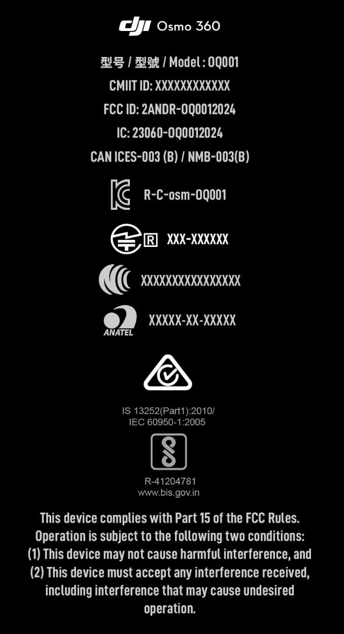 Regulatory label from the DJI Osmo 360 FCC filing listing model and certification IDs.