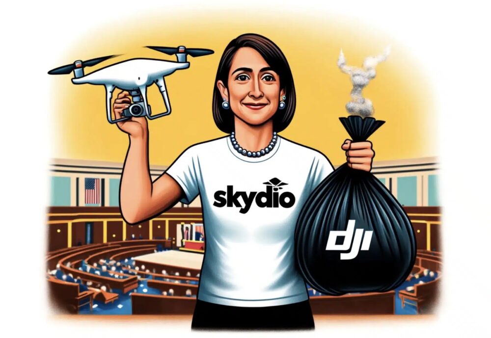 Illustration of a lawmaker in a Skydio shirt holding a drone and a DJI trash bag.