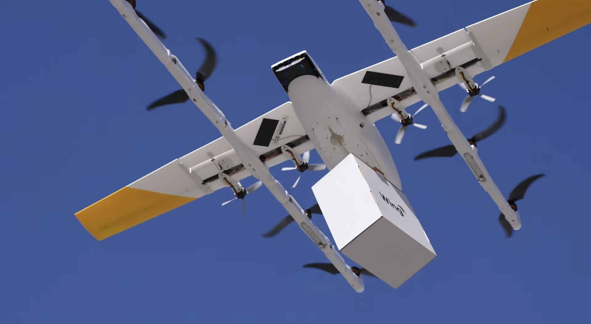 Parcel swinging under a Wing delivery aircraft during a tether stress test.