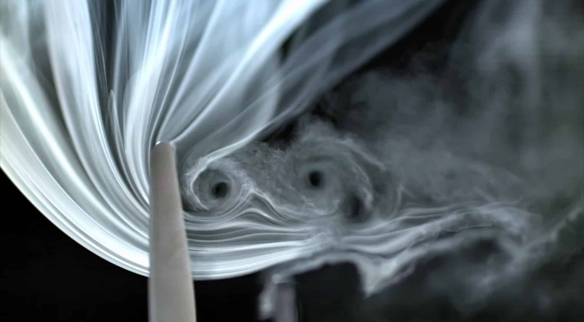 Slow-motion frame showing the irregular airflow patterns shed by Wing asymmetric blades.