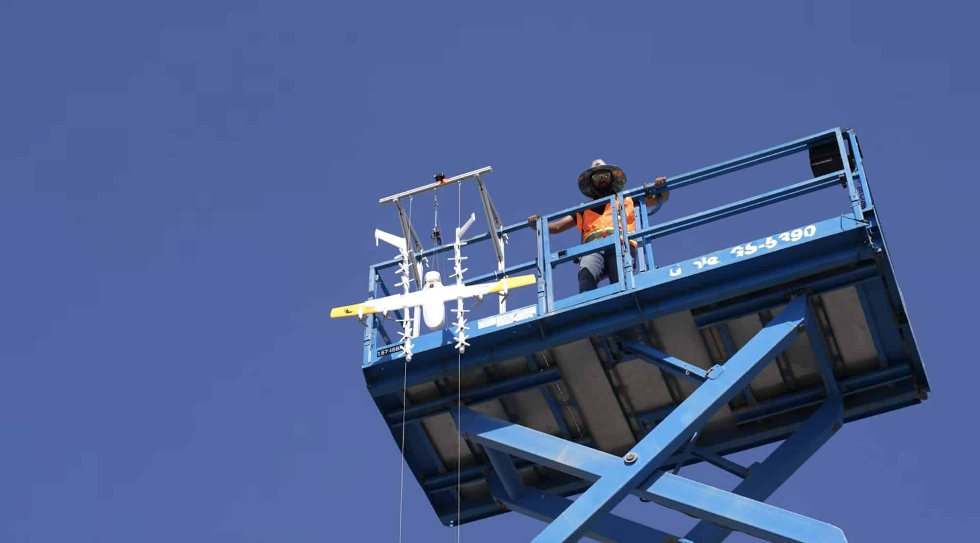 Purpose-built dropping rig releasing a Wing aircraft for controlled impact testing.