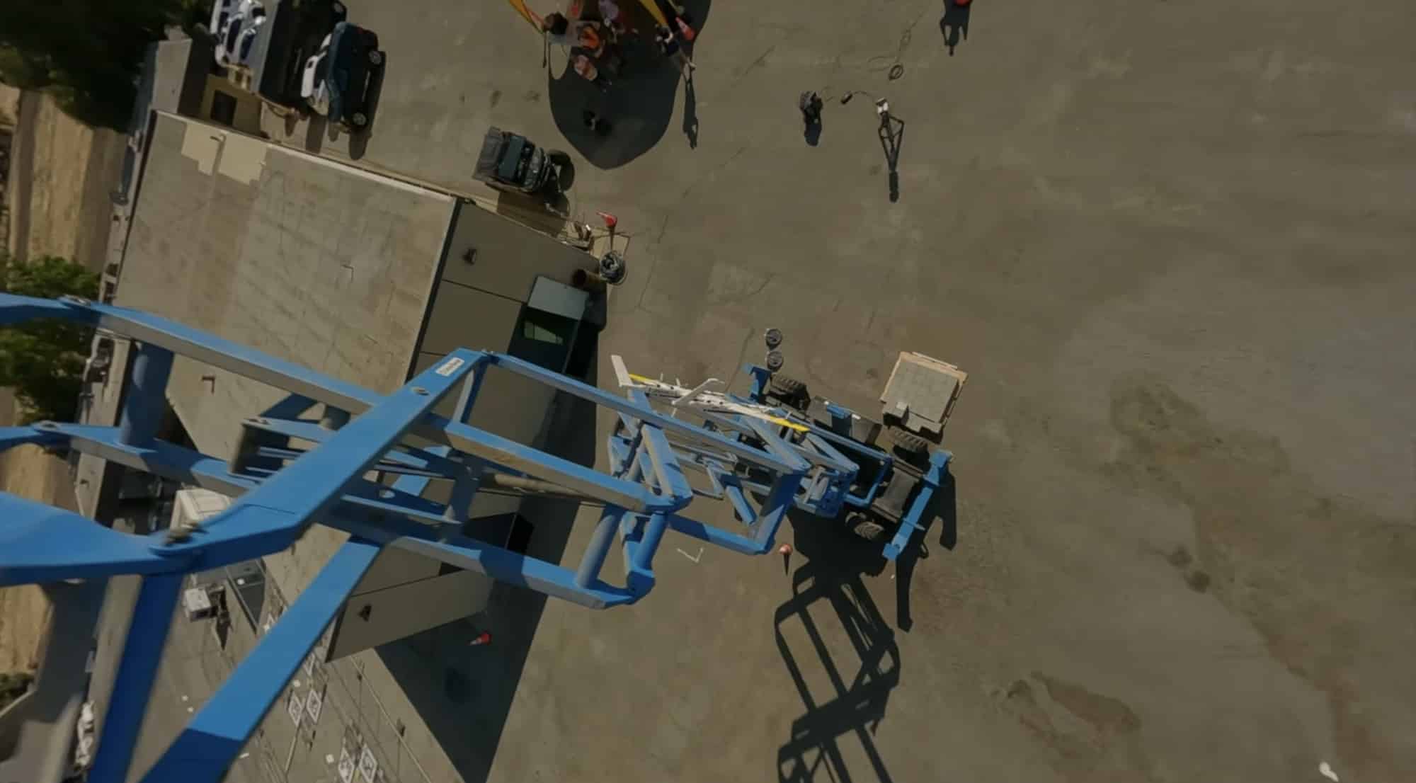 Wing delivery drone falling toward the ground during a deliberate crash test.