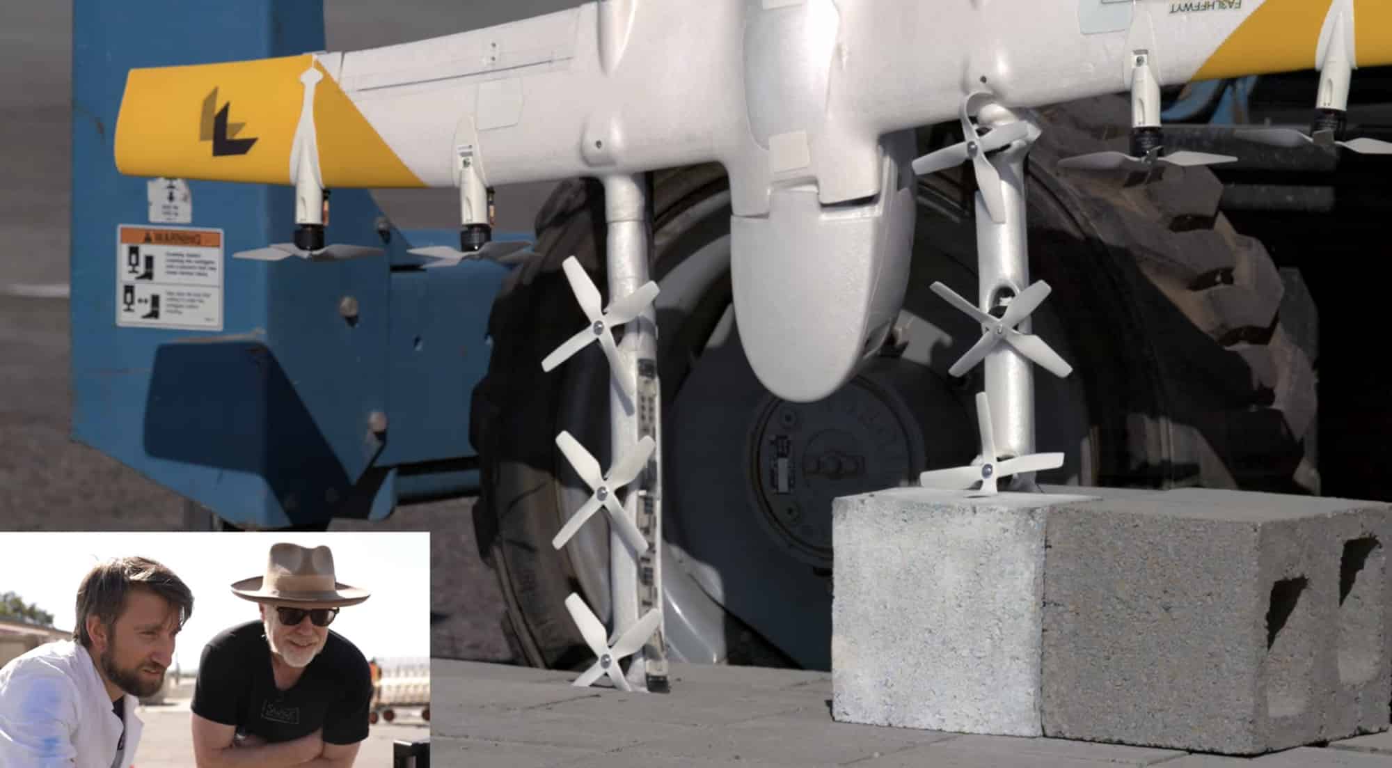 Broken Wing airframe pieces coming to rest after the drop-rig impact test.