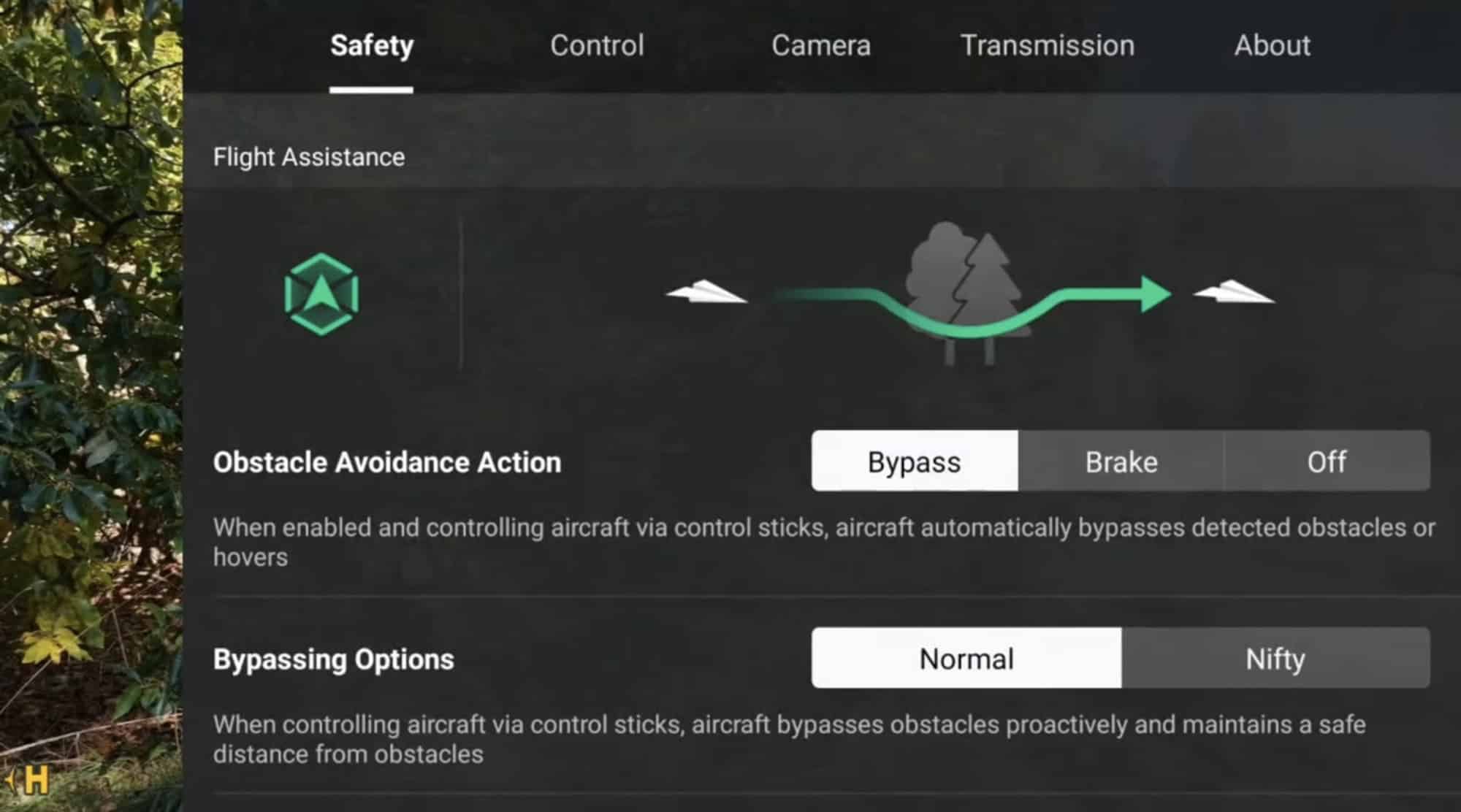 DJI Fly safety menu with obstacle avoidance set to bypass or brake.