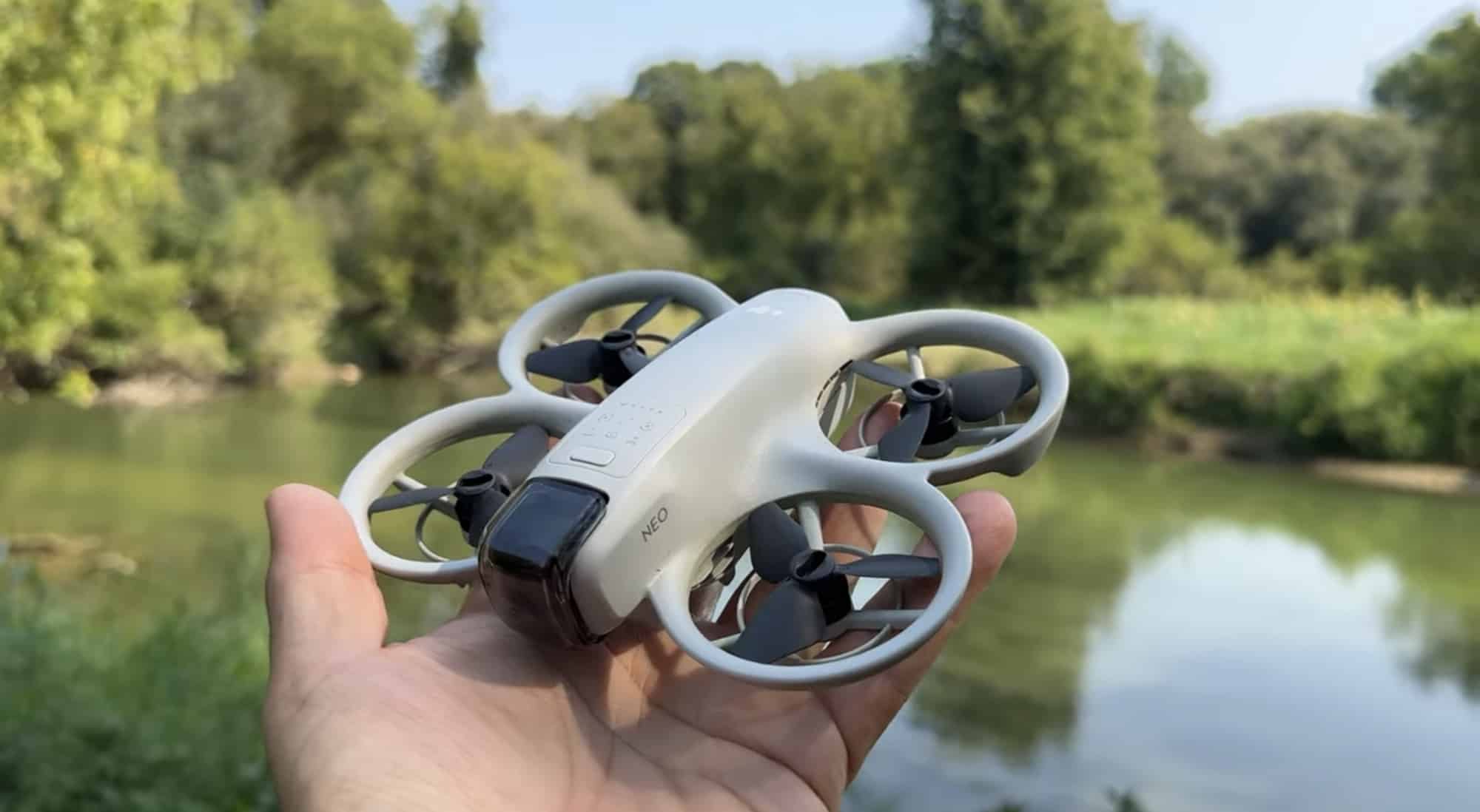 The pocket-sized DJI Neo, small enough to carry in a jacket pocket.
