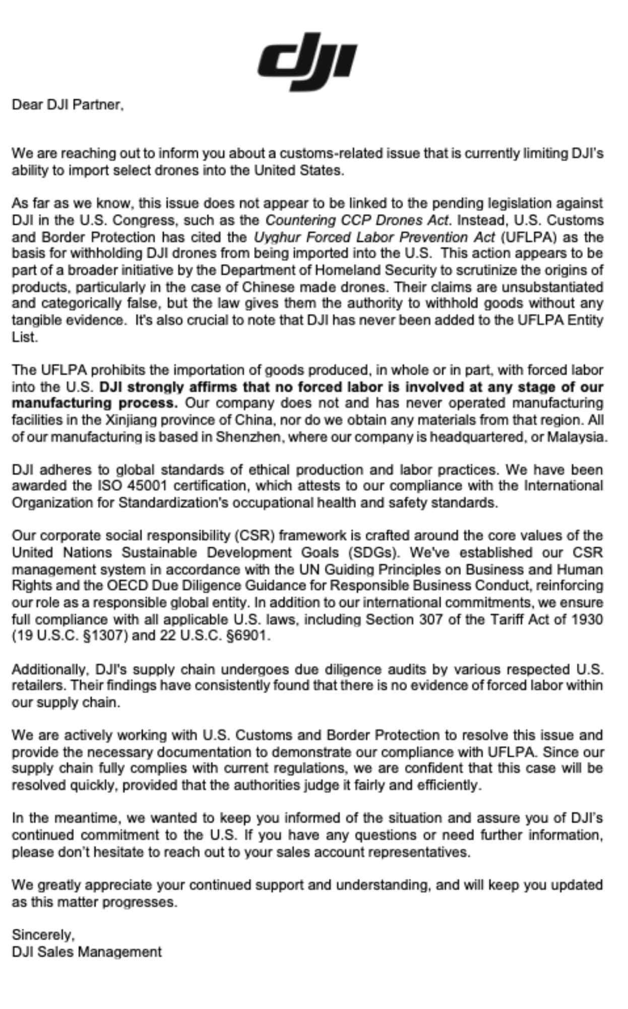 Letter from DJI Sales Management to partners about the US customs import hold.